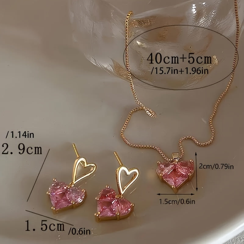 3pcs Y2K-Inspired Pink Heart Bling Jewelry Set - Sparkling Earrings and Necklace, Perfect for Daily Wear, Dates, Vacations & Parties, Date Night Jewelry|Heartshaped Bling|Goldtone Alloy, Jewelry & Accessories